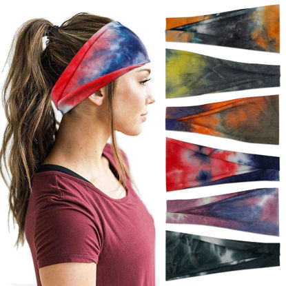 Picture of YONUF Headbands For Women Workout Wide Headband Yoga Head Bands For Women's Hair Accessories Girls Fashion Band Tie Dye 6 Pack