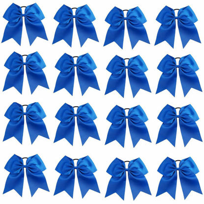 Picture of 16PCS 8" Large Cheer Hair Bows Ponytail Holder Elastic Band Handmade for Cheerleading Teen Girls College Sports (Blue, 16 Count (Pack of 1))