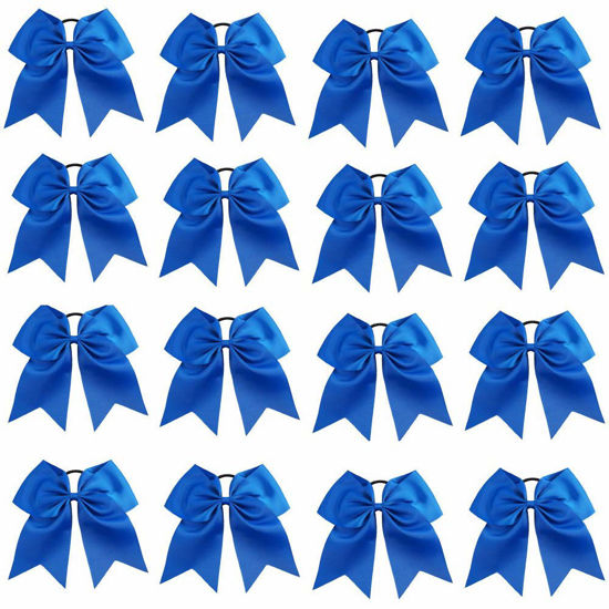 Picture of 16PCS 8" Large Cheer Hair Bows Ponytail Holder Elastic Band Handmade for Cheerleading Teen Girls College Sports (Blue, 16 Count (Pack of 1))