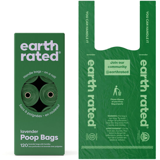 Picture of Earth Rated Dog Poop Bags with Tie Handles on Refill Rolls, Extra Wide, Easy-Tie Opening, Guaranteed Leak-Proof, Lavender Scented, 120 Count