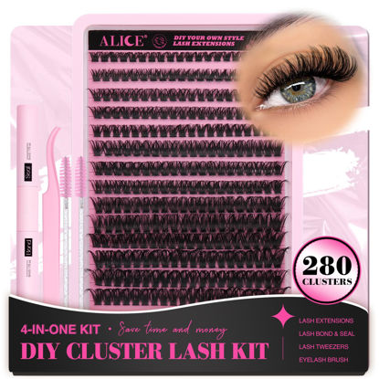 Picture of DIY Eyelash Extension Kit D Curl Fluffy Wispy Lash Clusters Individual Lashes Lash Extension Kit with Lash Bond and Seal Applicator Tool for Self Application at Home (80P-280Pcs-Mix10-16mm-0.07D)