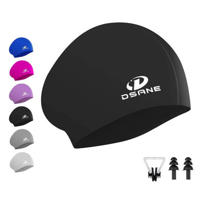 Picture of Womens Silicone Swim Cap for Long Hair,3D Ergonomic Design Silicone Swimming Caps for Women Kids Men Adults Boys Girls with Ear Plug and Nose Clip(Black/M)