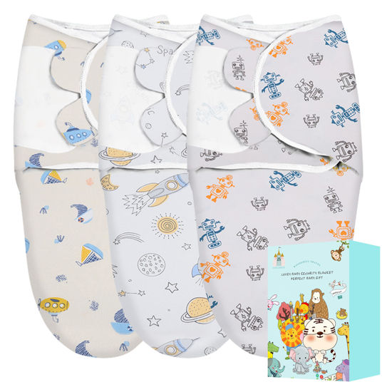 Picture of Cute Castle 3-Pack Baby Swaddle Sleep Sacks - Perfect Boxs - Newborn Swaddle Sack - Ergonomic Baby Swaddles Warp Blanket for Boys and Girls (Small 0-3 Months), Robot, Spacecraft, Sailboat