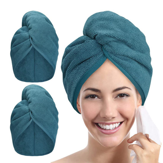 Picture of YoulerTex Ultra Plush Microfiber Hair Towel Wrap for Women, 2 Pack 10 inch X 26inch Purple, Ultra Absorbent Twist Hair Turban Drying Cap Hair Wrap, for Drying Curly, Long & Thick Hair (Haze Blue)