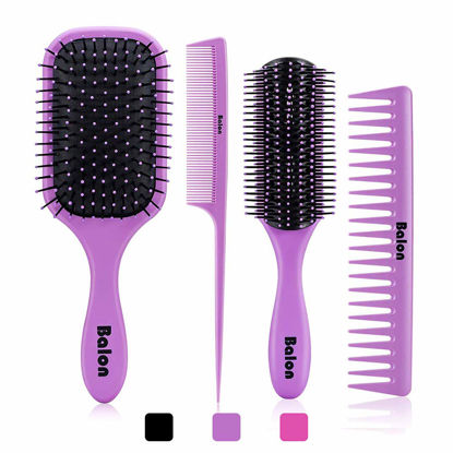 Picture of 4Pcs Detangling Hair Brush Set for Women - Paddle Brush for Wet or Dry, No More Tangles for Straight, Long, Thick, Curly, and Natural Hair (Purple)