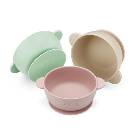 Picture of PandaEar 3 Pack Baby Bowls with Suction| Stay Put Silicone Food Bowl for Babies Kids Toddlers Infants| Food Grade Soft Safe BPA-Free Silicone (Pink Green Light Tan)