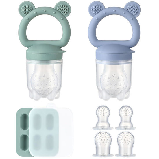 Picture of 2 Pack Silicone Baby Fruit Feeder with Mini Freezer Tray, Baby Teethers, Breastmilk Popsicle Molds for Baby Teething Relief, Fresh Food Feeder for Safe Infant Self Feeding, Extra Food Pouches