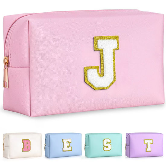 Picture of TOPEAST Birthday Gifts for Girls, Travel Makeup Bag Chenille Letter Pouch Cosmetic Bag, Makeup Travel Organizer, Monogrammed Bridesmaid Gifts for Women, Cute Stuff For Girls (Letter J)