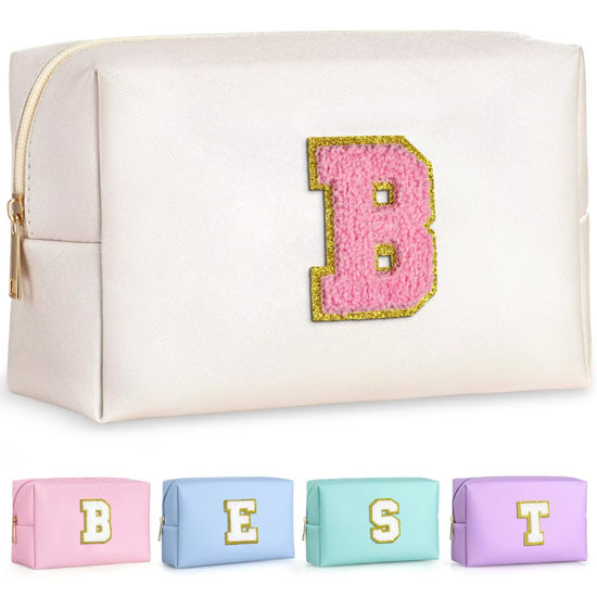 Picture of TOPEAST Preppy Patch Makeup Bag, Chenille Letter Pouch Cosmetic Bag, PU Leather Waterproof Toiletry Bag, Personalized Birthday Gift for Women Girl, Cute Stuff for Girls (Pearly White B)