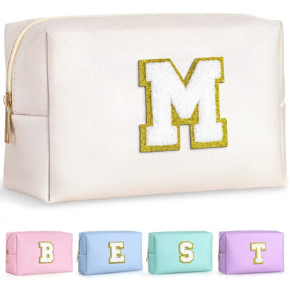 Picture of TOPEAST Monogrammed Gifts for Women, Preppy Makeup Bag Small Cosmetic Bag Travel Toiletry Bag, Personalized Birthday Gift for Girl, Wedding Bridal Shower Gifts for Bridesmaids (White M)