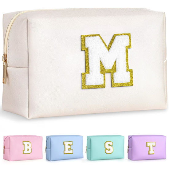 Picture of TOPEAST Monogrammed Gifts for Women, Preppy Makeup Bag Small Cosmetic Bag Travel Toiletry Bag, Personalized Birthday Gift for Girl, Wedding Bridal Shower Gifts for Bridesmaids (White M)