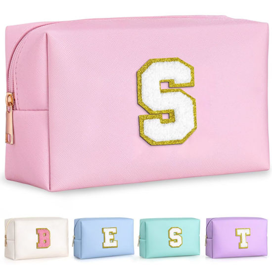 Picture of TOPEAST Initial Cosmetic Bag for Women, Preppy Small Makeup Bag, PU Leather Waterproof Toiletry Bag, Monogrammed Birthday Gifts for Women, Stuff for Girls (Letter S)