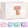 Picture of TOPEAST Preppy Stuff for Girls, Initial Makeup Bag Chenille Letter Pouch Cosmetic Bag with Zipper, PU Leather Waterproof Toiletry Bag, Cute Stuff Birthday Gift For Friends Sister (Pearly White T)