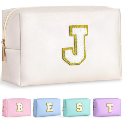 Picture of TOPEAST Birthday Gifts for Girls, Travel Makeup Bag Chenille Letter Pouch Cosmetic Bag, Makeup Travel Organizer, Monogrammed Bridesmaid Gifts for Women, Cute Stuff For Girls (White J)