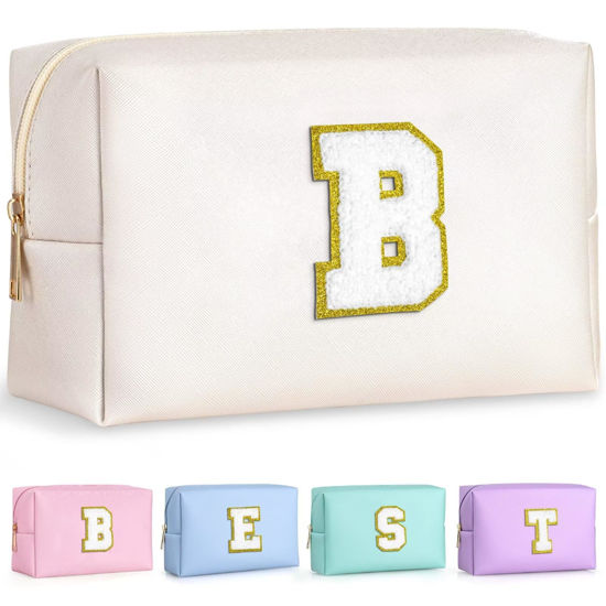 Picture of TOPEAST Preppy Patch Makeup Bag, Chenille Letter Pouch Cosmetic Bag, PU Leather Waterproof Toiletry Bag, Personalized Birthday Gift for Women Girl, Cute Stuff for Girls (White B)