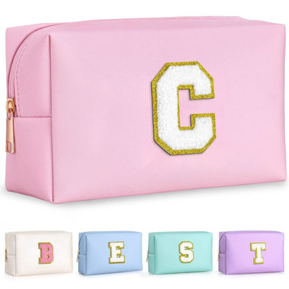 Picture of TOPEAST Gifts for Friends Female Mom, Cute Makeup Bag Small Pink Cosmetic Bag Travel Toiletry Bag, Personalized Birthday Gift for Women Girl, Preppy Travel Stuff For Girls (Letter C)