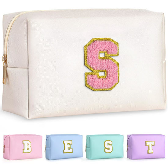 Picture of TOPEAST Initial Cosmetic Bag for women, Preppy Small Makeup Bag, PU Leather Waterproof Toiletry Bag, Monogrammed Birthday Gifts For Women, Stuff for girls (Pearly White S)