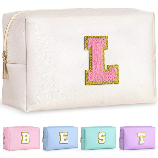 Picture of TOPEAST Personalized Birthday Gifts for Women, Preppy Patch Makeup Bag, Chenille Letter Pouch Cosmetic Bag, Travel Organizer, Christmas Gifts for Friends, Cute Stuff For Girls (Pearly White L)