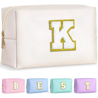 Picture of TOPEAST Initial Cosmetic Bag, PU Leather Waterproof Travel Toiletry Bag, Monogrammed Gifts for women, Personalized Birthday Gift for Sister Friends, Cute Stuff for Girls (White K)