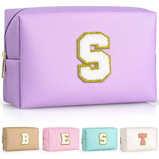 Picture of TOPEAST Initial Cosmetic Bag for women, Preppy Small Makeup Bag, PU Leather Waterproof Toiletry Bag, Monogrammed Birthday Gifts For Women, Stuff for teen girls (Purple S)