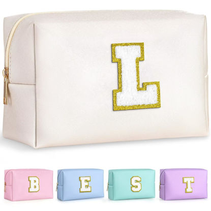 Picture of TOPEAST Personalized Birthday Gifts for Women, Preppy Patch Makeup Bag, Chenille Letter Pouch Cosmetic Bag, Travel Organizer, Christmas Gifts for Friends, Cute Stuff For Girls (White L)