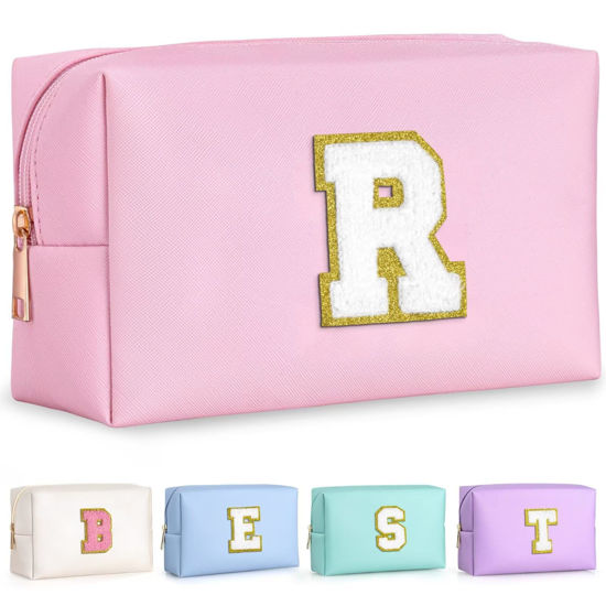 Picture of TOPEAST Cosmetic Travel Bags for Women, Preppy Small Makeup Bag, PU Leather Waterproof Toiletry Bag, Unique Friendship Gifts for Friends Coworker, Cute Stuff for Girls (Letter R)