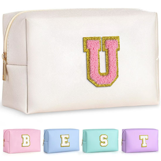 Picture of TOPEAST Personalized Makeup Bags for Women, Chenille Letter Pouch Cosmetic Bag with Zipper, Travel Toiletry Bag, Monogrammed Birthday Gift for Friends, Cute Stuff for Girls (Pearly White U)