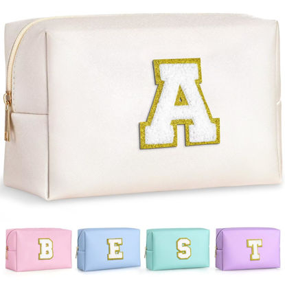 Picture of TOPEAST Initial Makeup Bag, Personalized Initial Bags with Zipper, Cute Makeup Pouch, PU Leather Waterproof Cosmetic Bag, Birthday Gift For Women, Preppy Things For Girls (White A)