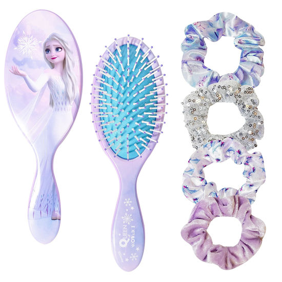 Picture of Frozen Princess Elsa 5 Pcs Hair Accessory Set - 1 Hair Brush + 4 Scrunchies for Girls. Detangling Brush and Elastic Hair Ties.