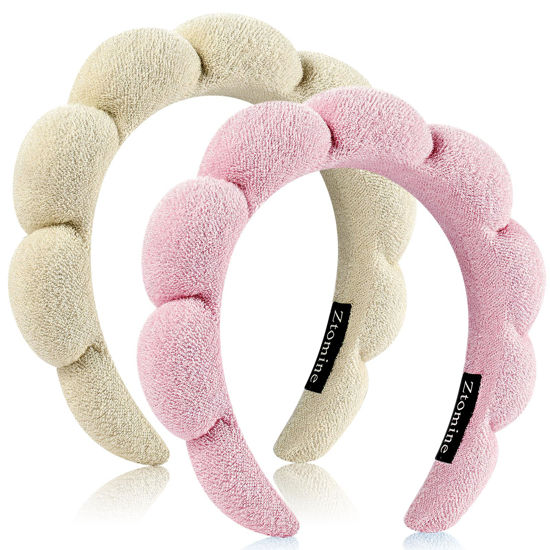 Picture of Ztomine Headband, Set of 2 - Terry Cloth Spa Headbands for Washing Face or Facial, Puffy Makeup Headbands for Face Washing, Mask - 1 Beige + 1 Pink