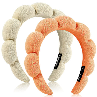 Picture of Ztomine Terry Cloth Spa Headbands for Washing Face, Set of 2 - Puffy Makeup Headbands for Face Washing, Mask (beige + orange)