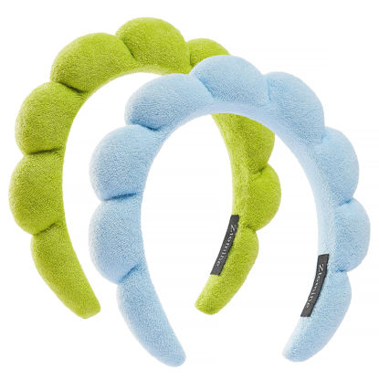 Picture of Ztomine Hairband, 2 Count Pack - Thick Absorbent Terry Cloth Spa Headbands for Washing Face or Facial - Set of 2 - Puffy Makeup Headbands for Face Washing, Mask (Blue+Fruit Green)