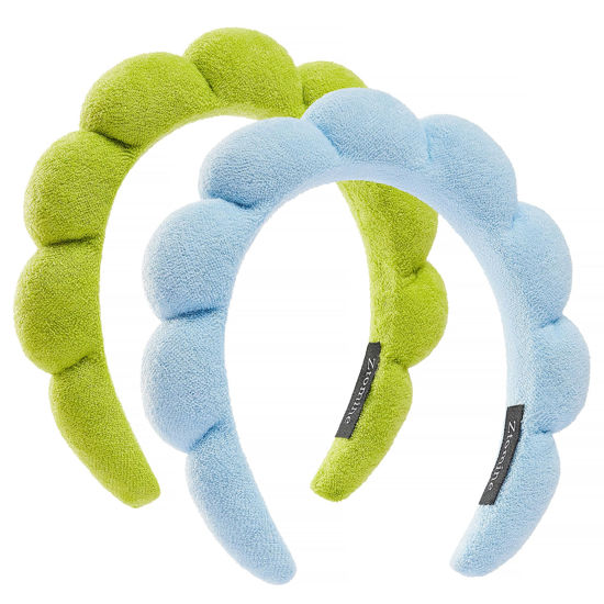 Picture of Ztomine Hairband, 2 Count Pack - Thick Absorbent Terry Cloth Spa Headbands for Washing Face or Facial - Set of 2 - Puffy Makeup Headbands for Face Washing, Mask (Blue+Fruit Green)