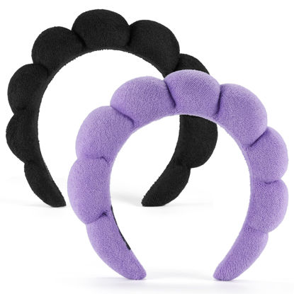 Picture of Ztomine Terry Cloth Spa Headbands for Washing Face or Facial, Set of 2, Black & Purple - Puffy Makeup Headbands for Face Washing, Mask, Skin Treatment