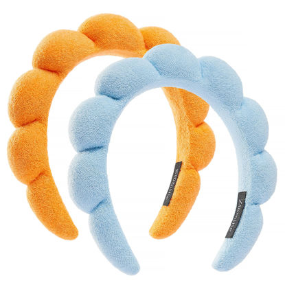 Picture of Ztomine Spa Headbands, Set of 2 - Terry Cloth Face Wash Headband Combo Pack - Puffy Makeup Headbands for Face Washing, Mask (blue+orange)