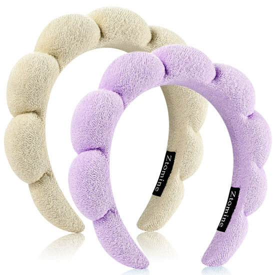 Picture of Ztomine Spa Headbands, Set of 2, Terry Cloth Headband for Washing Face or Facial, Puffy Makeup Headbands for Face Washing, Mask, Beige + Purple (1 Beige & 1 Purple Combo Pack)