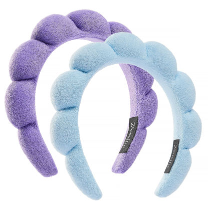 Picture of Ztomine Hairband, Set of 2 - Thick Absorbent Terry Cloth Spa Headbands in Blue and Light Purple for Washing Face or Facial, Puffy Makeup Headbands for Face Washing, Mask Combo Pack