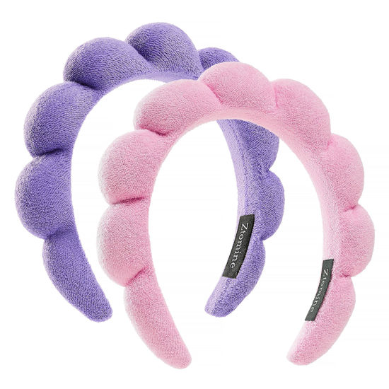 Picture of Spa Facial Headbands Combo Pack - 2 Terry Cloth Makeup Headbands for Face Washing, Masks, and Skin Treatments (Pink + Purple)