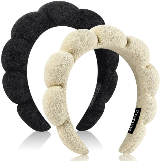 Picture of Ztomine Skincare Headband, Set of 2 - Terry Cloth Face Wash Headband Combo Pack - Puffy Makeup Headbands for Face Washing, Mask (beige + black)