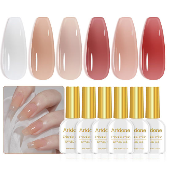 Picture of Artdone Sheer Gel Nail Polish Set Jelly UV Gel 6 Colors Translucent Milky Pink Nude Brown Colors Nail Polish For All Seasons Neutral Soak off LED Lamp Gel Manicure Kit For Nail Art