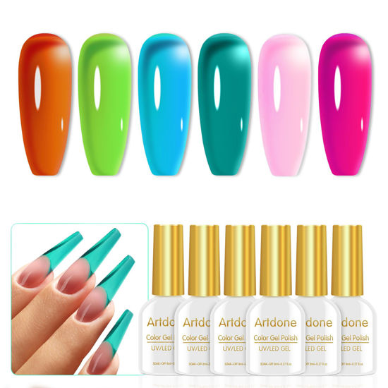 Picture of Artdone Transparent Gel Nail Polish Jelly neon Set - UV Gel 6 Colors Translucent Orange blue green pink Colors Gel For All Seasons Neutral Soak off LED Lamp Gel Manicure Kit For Nail Art