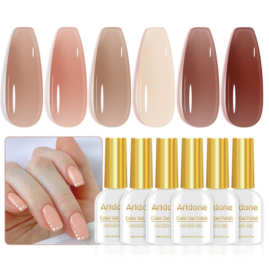 Picture of Artdone Sheer Gel Nail Polish Jelly Set - UV Gel 6 Colors Translucent Nude pink Brown Colors Gel For All Seasons Neutral Soak off LED Lamp Gel Manicure Kit For Nail Art