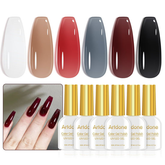 Picture of Artdone Sheer Gel Nail Polish Set Jelly UV Gel 6 Colors Translucent Milky White Black Red Brown Colors Nail Polish For All Seasons Neutral Soak off LED Lamp Gel Manicure Kit For Nail Art