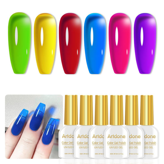 Picture of Artdone Transparent Gel Nail Polish Jelly neon Set - UV Gel 6 Colors Translucent Green Yellow Red Purple Blue Colors Gel For All Seasons Neutral Soak off LED Curing Kit For Nail Art