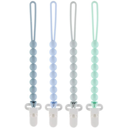 Picture of 4-Pack Silicone Pacifier Clips with One-Piece Beads for Baby Boys and Girls - Flexible and Rust-Free Holders for Teething Relief and Baby Essentials, Safe for Newborns (Blue)