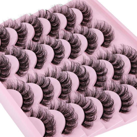 Picture of TNFVLONEINS False Eyelashes Wispy Mink Lashes Natural Look D Curl Fluffy Fake Eyelashes 16mm Natural Lashes That Look Like Extensions Lashes Pack