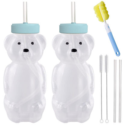 Picture of Honey Bear Straw Cups, Juice Bear Bottle Drinking Cup Long Straws with 4 Flexible Straws & Cleaning Tools, 8-Ounce Therapy Sippy Bottles for Speech and Feeding Training, Food-Grade & BPA Free 2 Pack