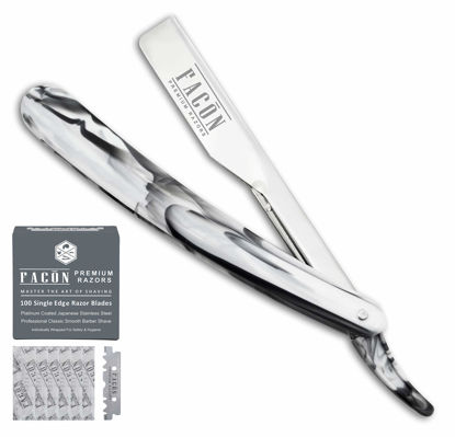 Picture of 100 BLADES + Facón Professional Marble Straight Edge Barber Razor - Salon Quality Cut Throat Shavette