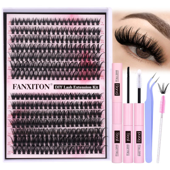 Picture of FANXITON DIY Lash Extension Kit Volume Lash Clusters 40D+50D D Curl Individual Lashes Lash Clusters Kit Thick Eyelash Extension Kit 280 pcs Thin Band Cluster Lashes Lash Bond and Seal Lash Tweezers