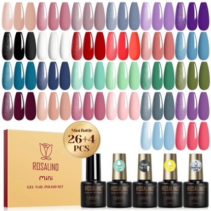 Picture of ROSALIND 30PCS Gel Nail Polish Set with Base Glossy Matte and Glitter Top Coat Gel Polish, Multicolored Gel Nail Set Long Lasting DIY Manicure Gifts